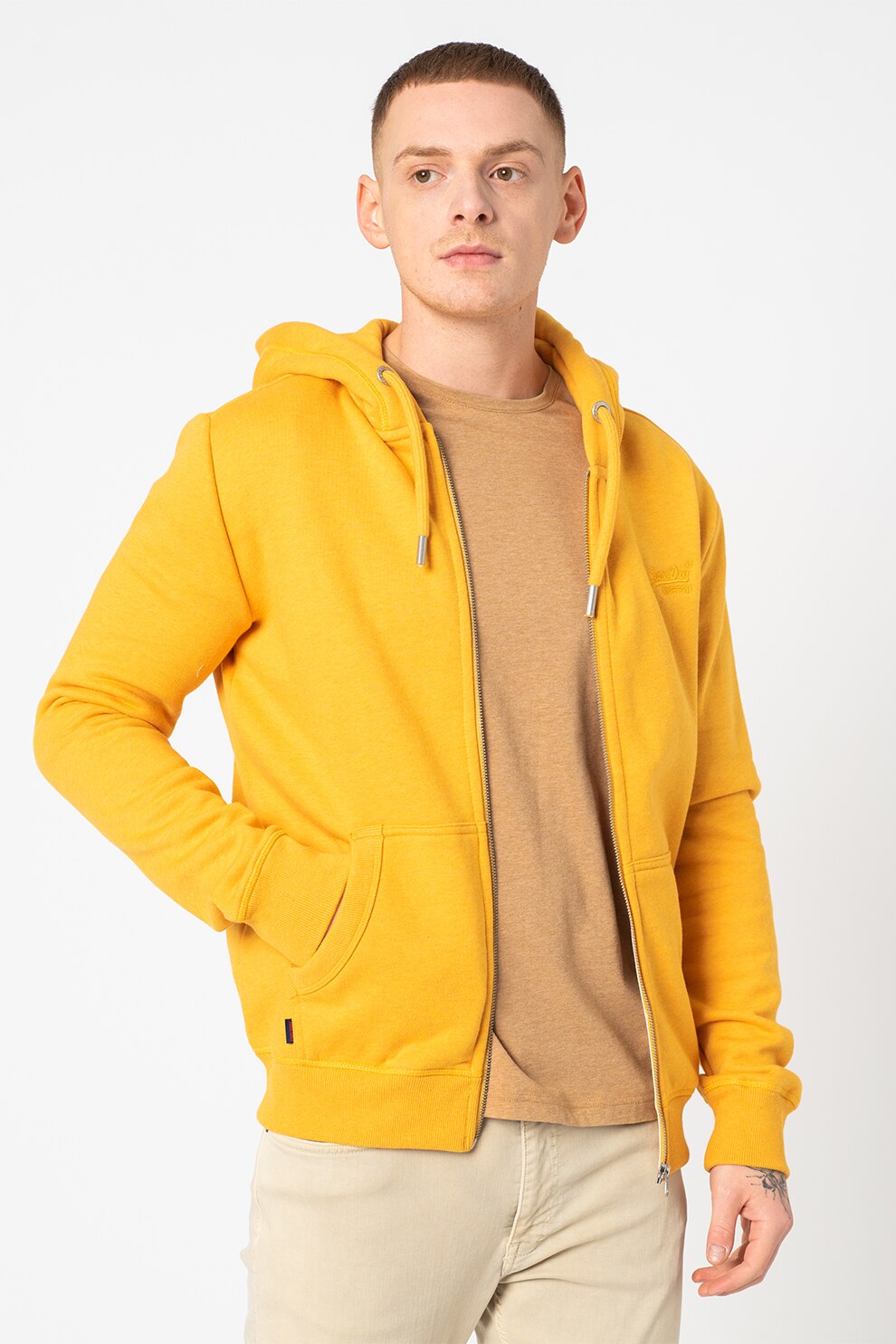 SUPERDRY, Hanorac slim fit cu logo si fermoar Vintage, Galben sofran