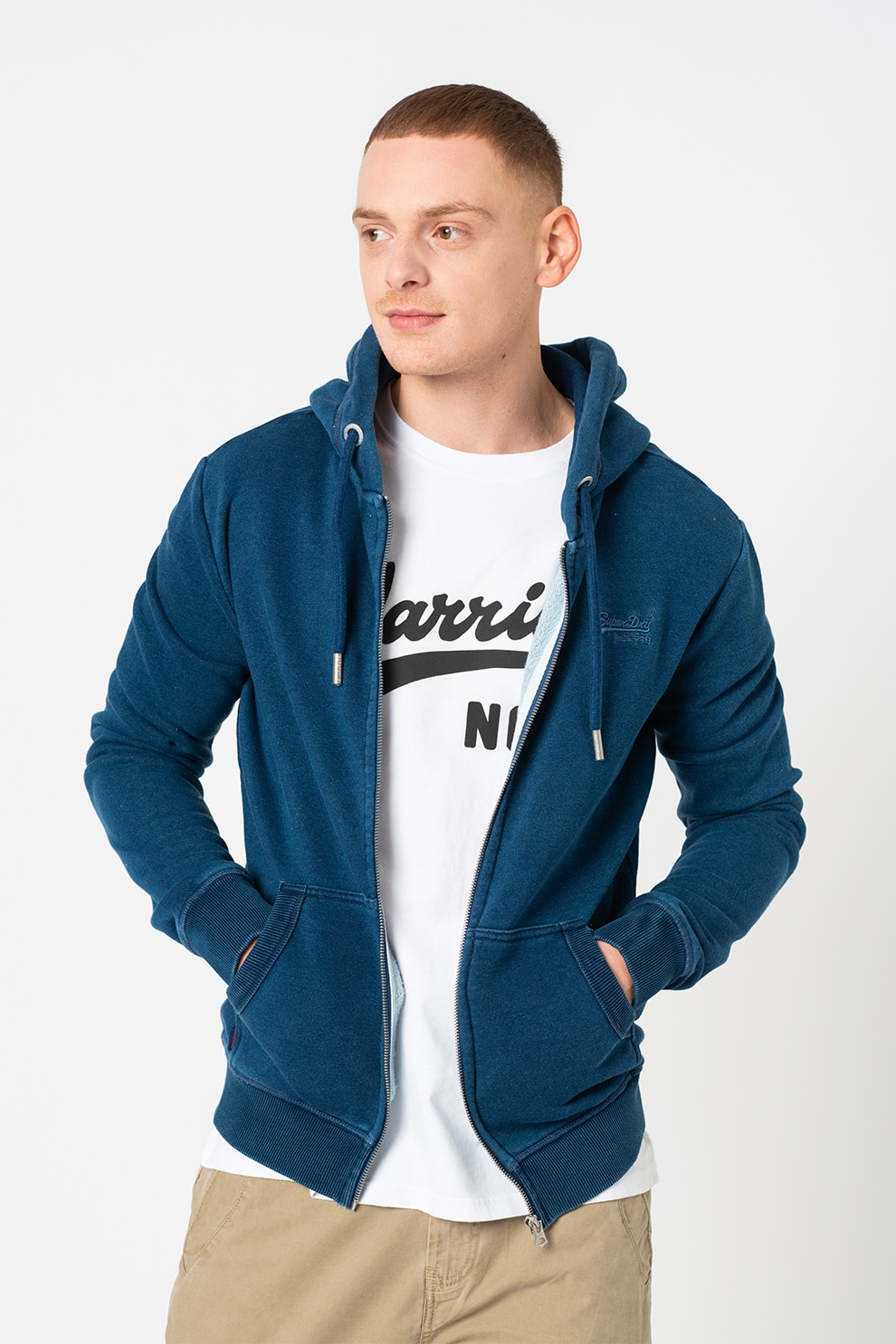 SUPERDRY, Hanorac slim fit cu logo si fermoar Vintage, bleumarin inchis, alb