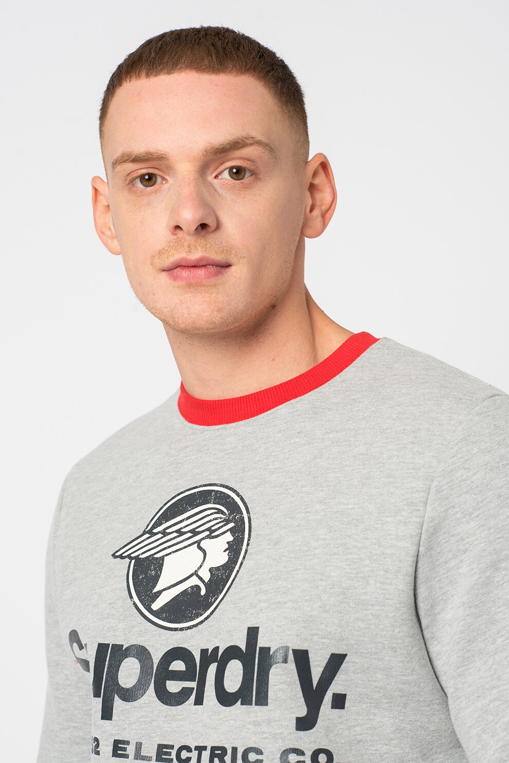 SUPERDRY, Bluza sport cu decolteu la baza gatului si imprimeu logo supradimensionat Ringer, Gri deschis melange/negru stins
