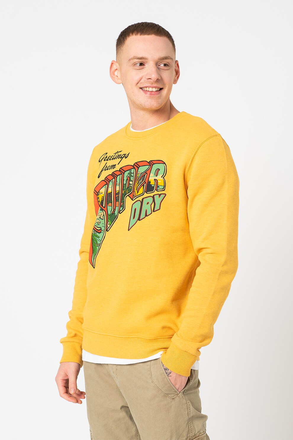 SUPERDRY, Bluza sport cu imprimeu logo supradimensionat Heritage Mountain, Galben pai/rosu/verde, L