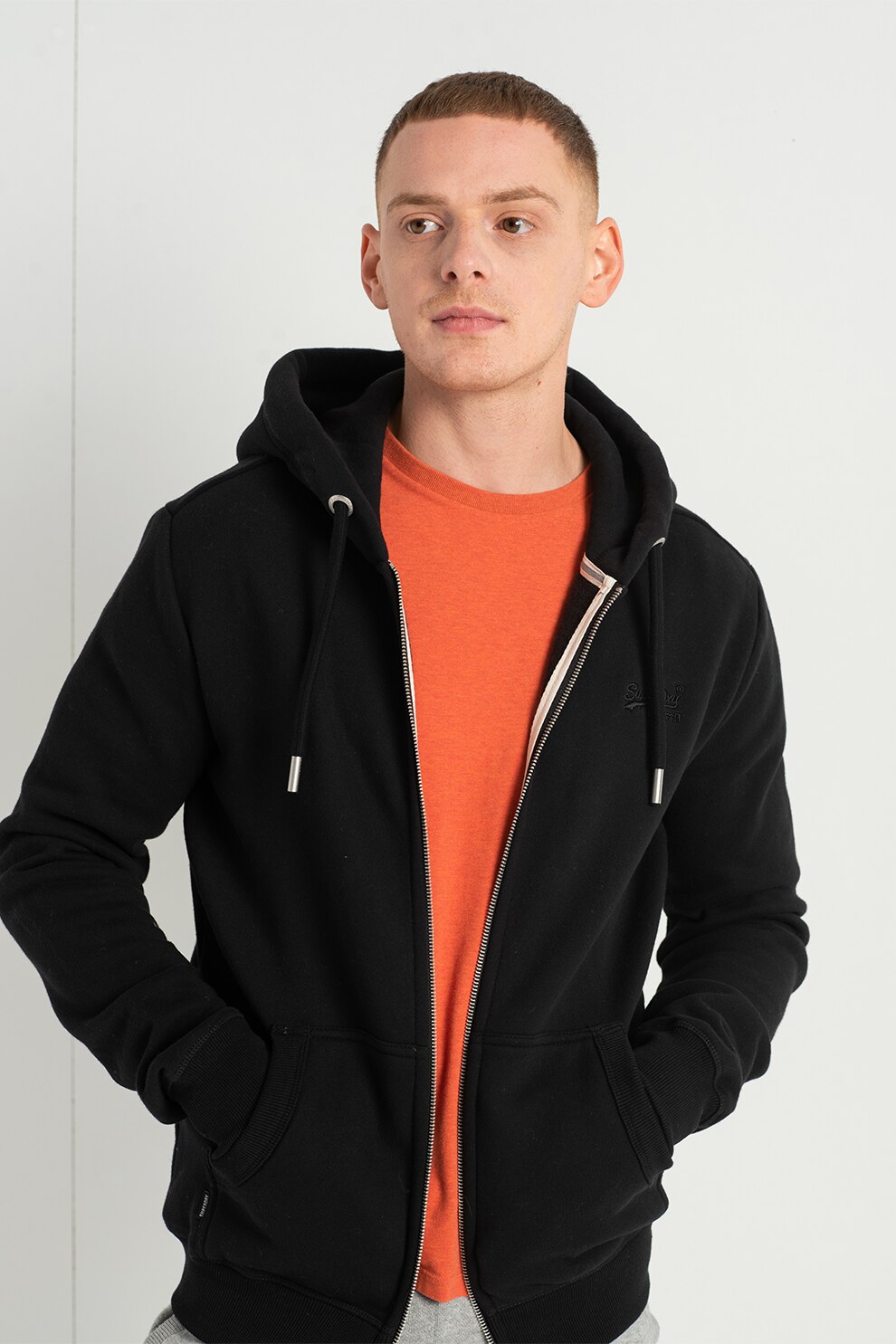 SUPERDRY, Hanorac cu fermoar si broderie logo pe piept Vintage, Negru, M