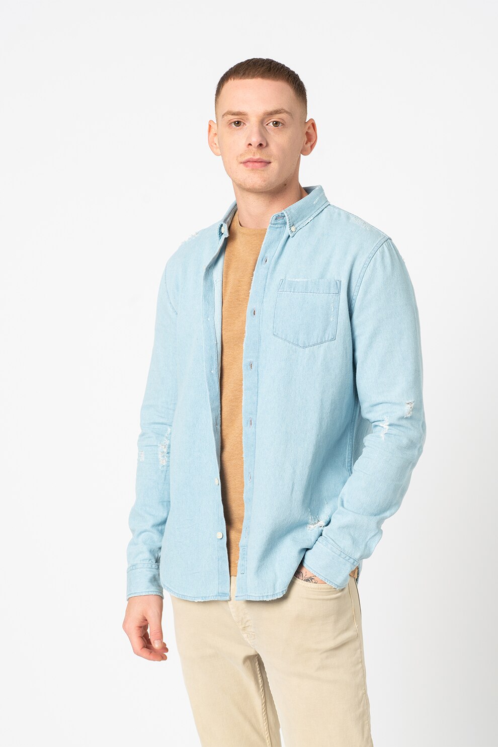 SUPERDRY, Camasa din denim cu detalii cu aspect deteriorat Classic, Albastru pastel