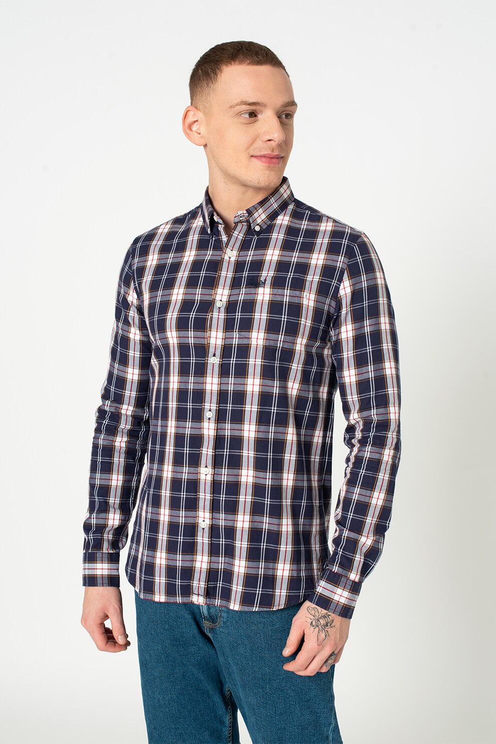 SUPERDRY, Camasa din bumbac cu model in carouri, Bleumarin inchis/Alb optic/Rosu
