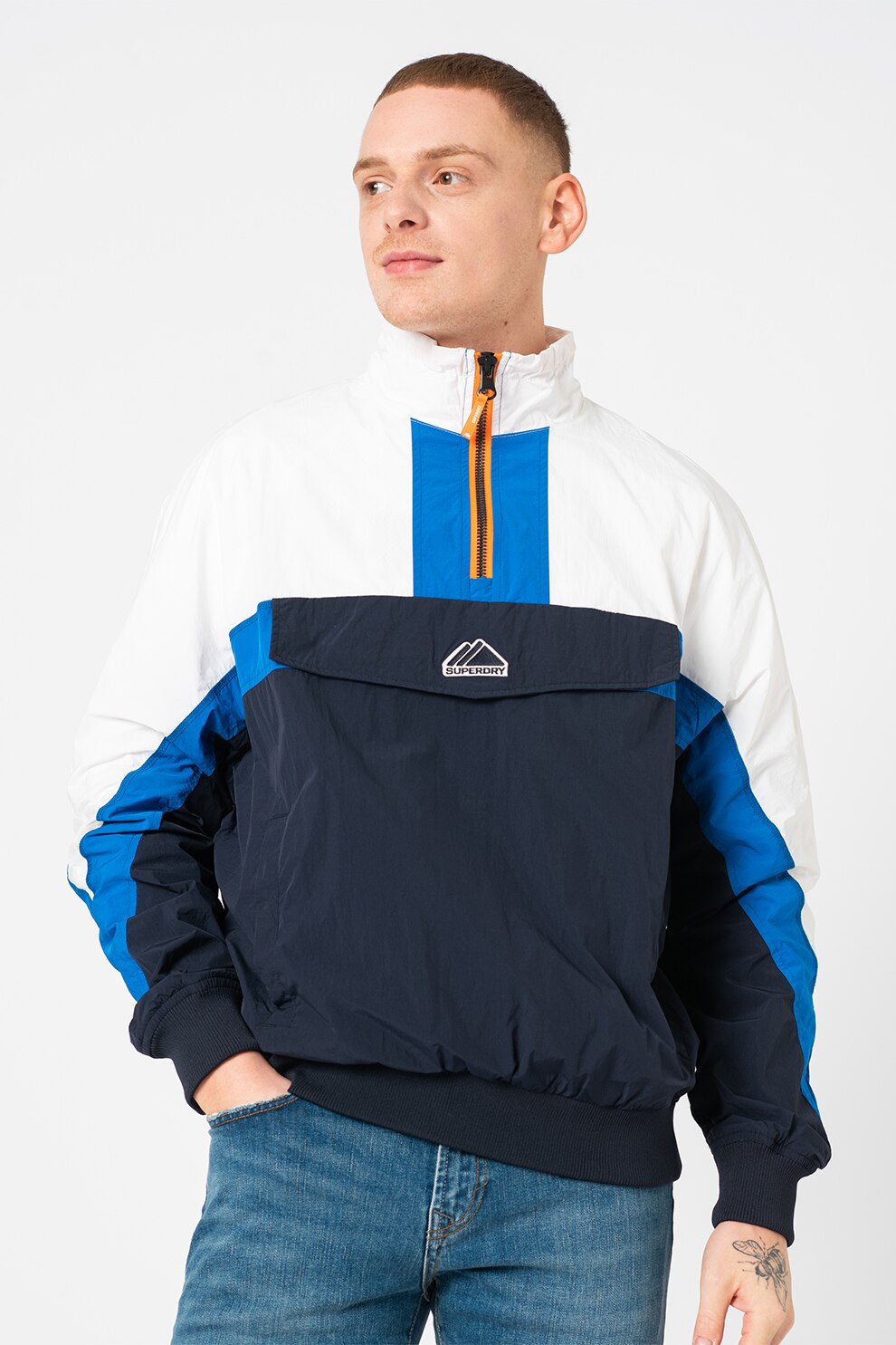 SUPERDRY, Jacheta cu model colorblock si broderie logo, Bleumarin inchis/alb optic/albastru royal
