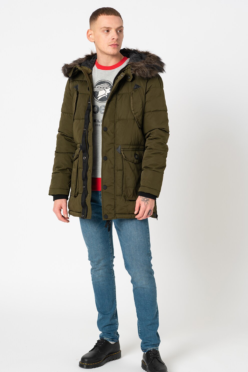 SUPERDRY, Geaca parka cu vatelina si gluga Chinook, Verde militar