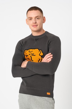 SUPERDRY, Bluza sport cu decolteu la baza gatului si maneci raglan Varsity, Gri inchis/oranj SUPERDRY, Bluza sport cu decolteu la baza gatului si maneci raglan Varsity, Gri inchis/oranj