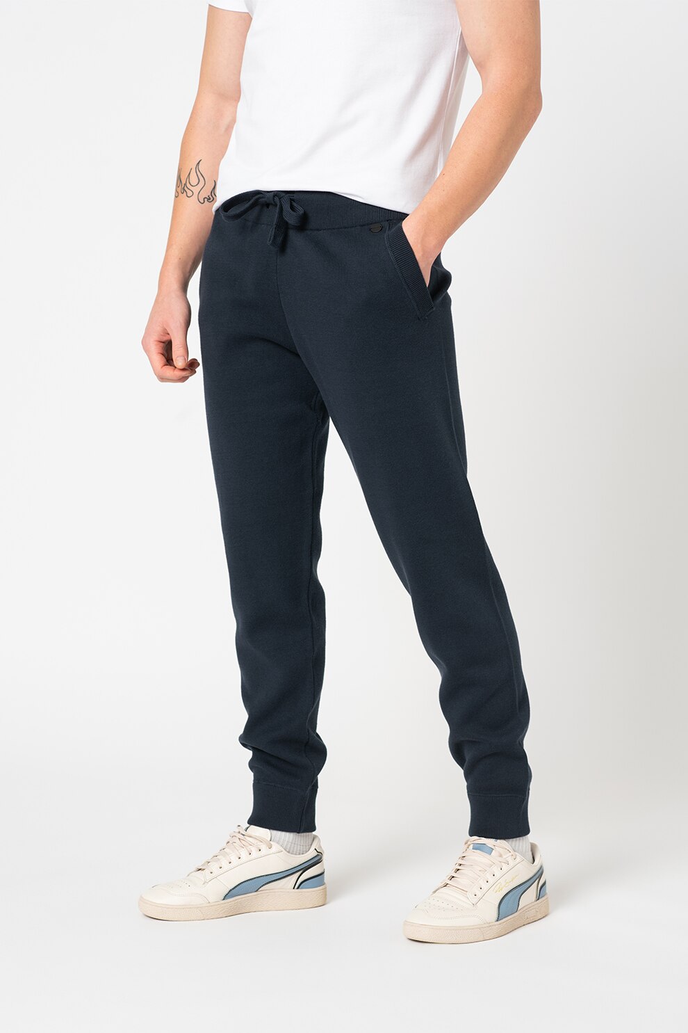 SUPERDRY, Pantaloni sport slim fit din amestec de bumbac organic Studios Essential, Bleumarin inchis