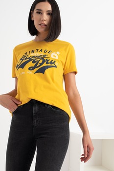 SUPERDRY, Tricou cu decolteu la baza gatului si imprimeu logo, Galben/Bleumarin inchis SUPERDRY, Tricou cu decolteu la baza gatului si imprimeu logo, Galben/Bleumarin inchis