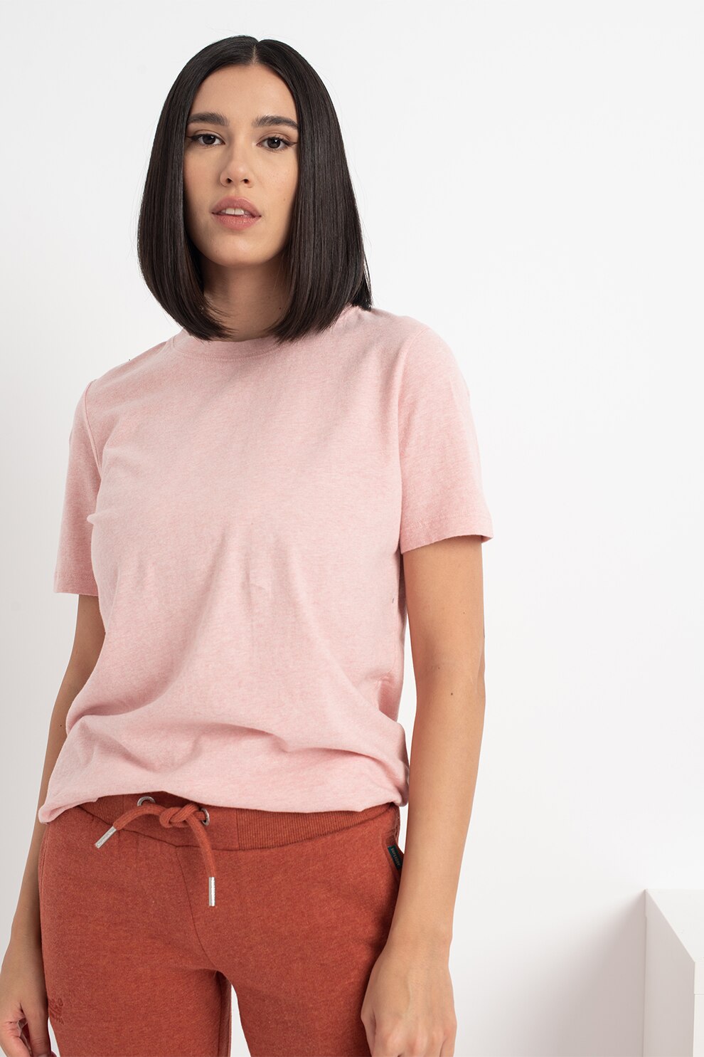 SUPERDRY, Tricou din bumbac cu decolteu la baza gatului, Roz pastel