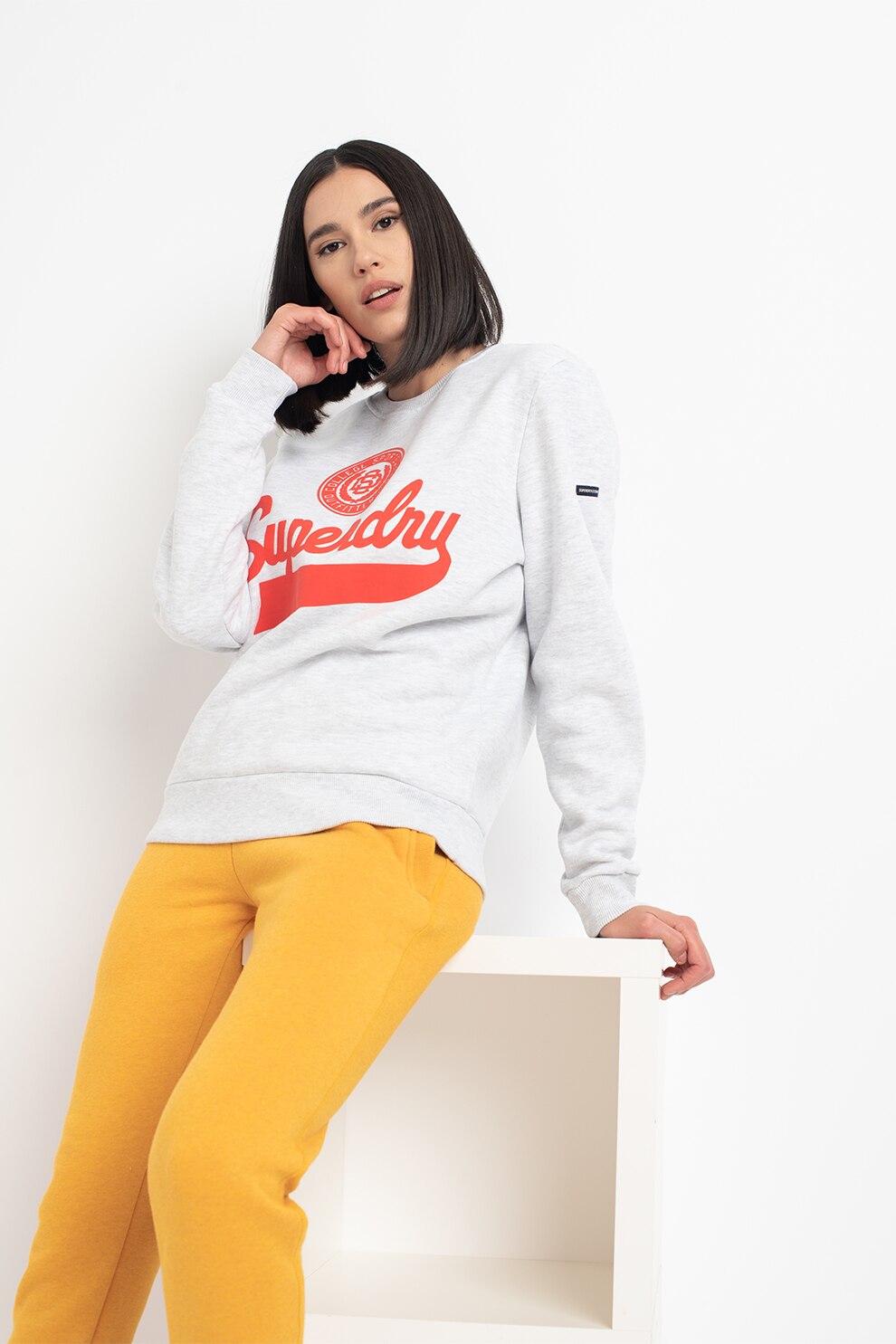 SUPERDRY, Bluza sport cu imprimeu logo Script, gri melange deschis, oranj mandarina