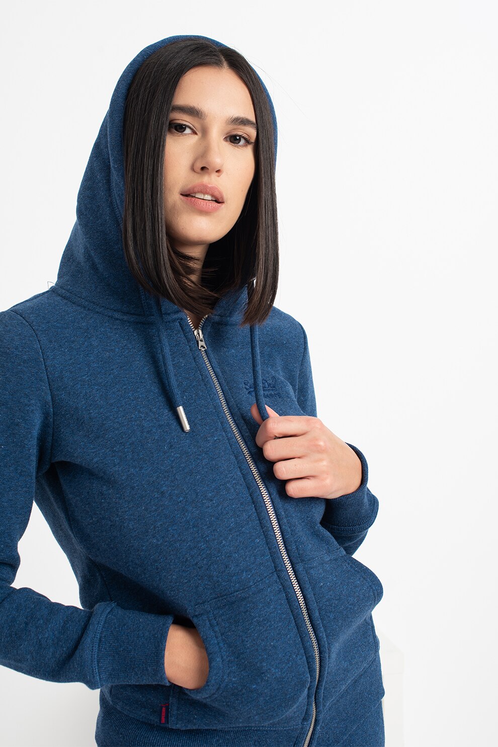 SUPERDRY, Hanorac cu fermoar si buzunare oblice, Albastru inchis