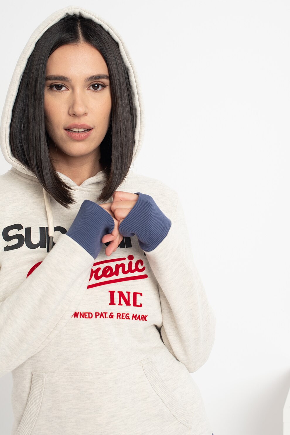 SUPERDRY, Hanorac cu logo Ringer, Maro nisip/gri deschis/bleumarin inchis