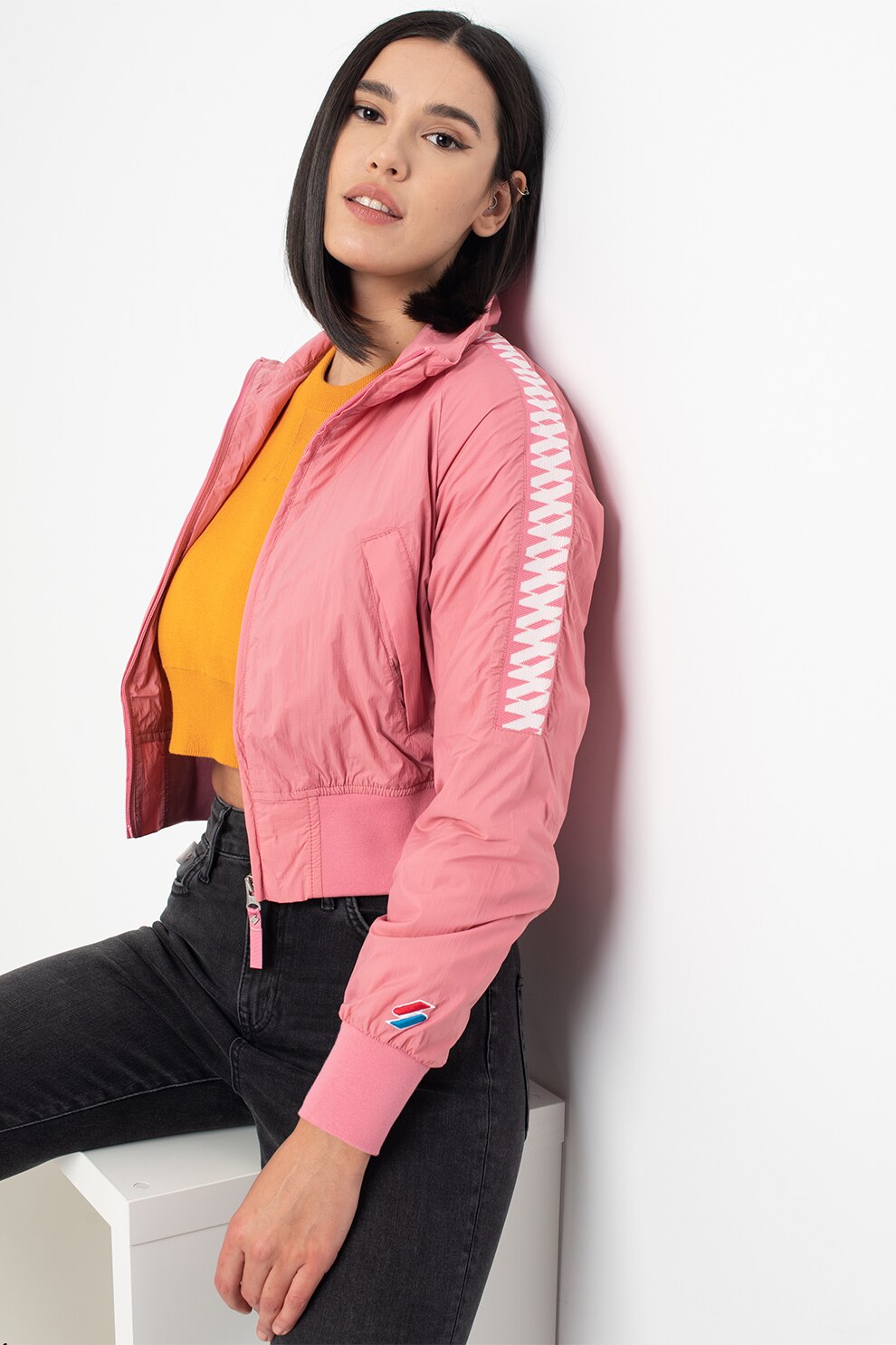 SUPERDRY, Jacheta crop cu fermoar, Roz pastel/Alb