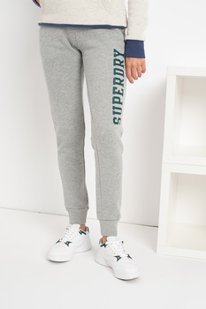 SUPERDRY, Pantaloni sport cu imprimeu logo si snur de ajustare in talie, Gri deschis melange/Verde inchis SUPERDRY, Pantaloni sport cu imprimeu logo si snur de ajustare in talie, Gri deschis melange/Verde inchis