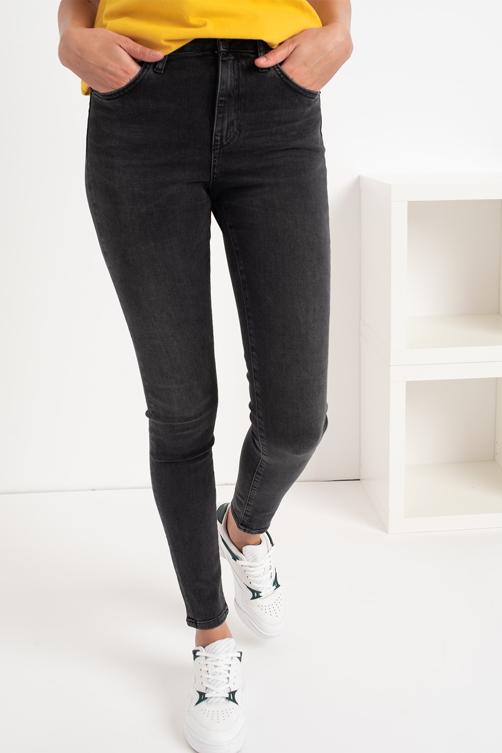 SUPERDRY, Blugi skinny cu talie inalta, Gri inchis