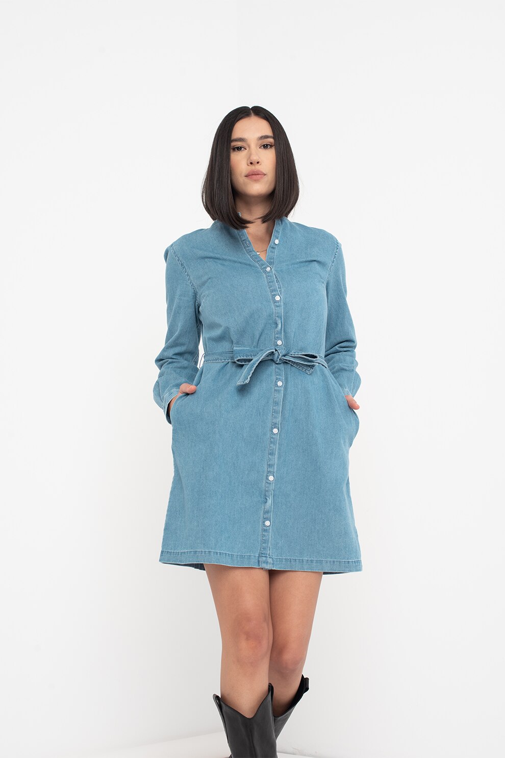SUPERDRY, Rochie din material chambray cu cordon in talie, Albastru deschis