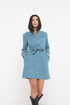 SUPERDRY, Rochie din material chambray cu cordon in talie, Albastru deschis SUPERDRY, Rochie din material chambray cu cordon in talie, Albastru deschis