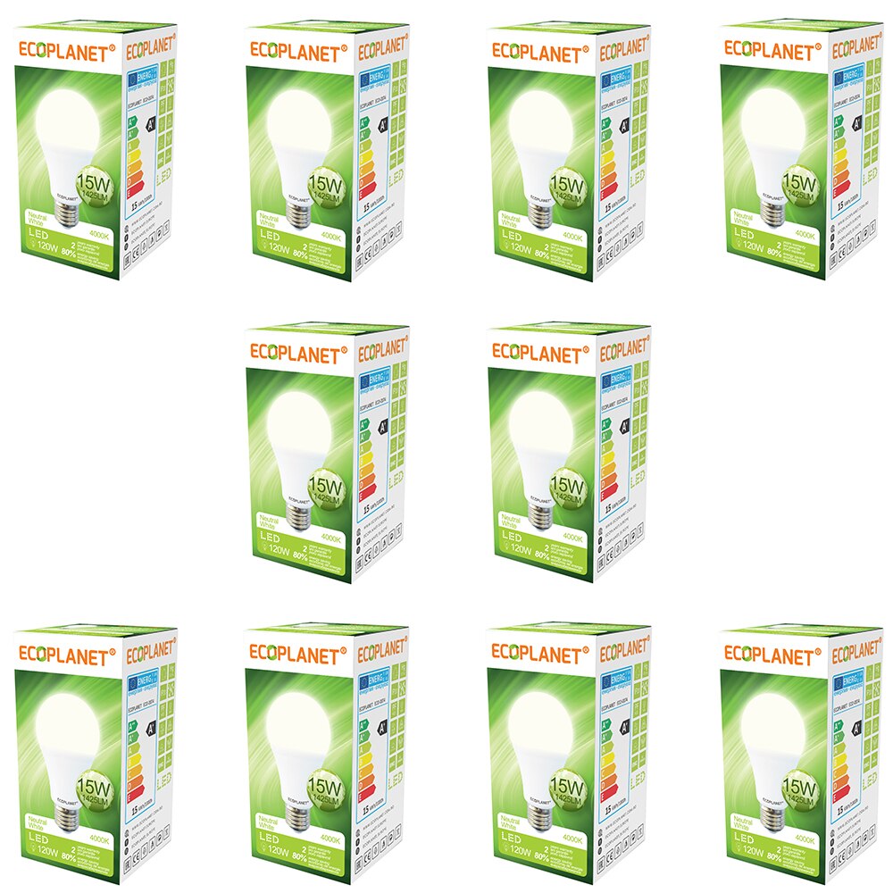 Set 10 buc - Bec LED Ecoplanet, E27, 15W (120W), 1425 LM, F, lumina neutra 4000K, Mat