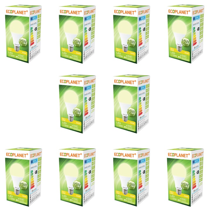 Set 10 buc - Bec LED Ecoplanet, E27, 15W (120W), 1425 LM, F, lumina calda 3000K, Mat