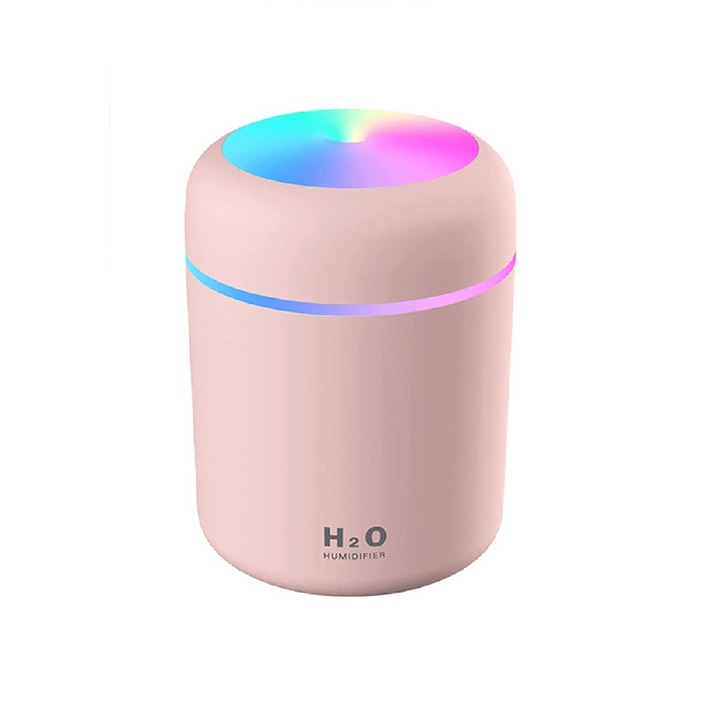 OEM mini párásító éjszakai fényekkel, automatikus kikapcsolás, 300 ml, rózsaszín