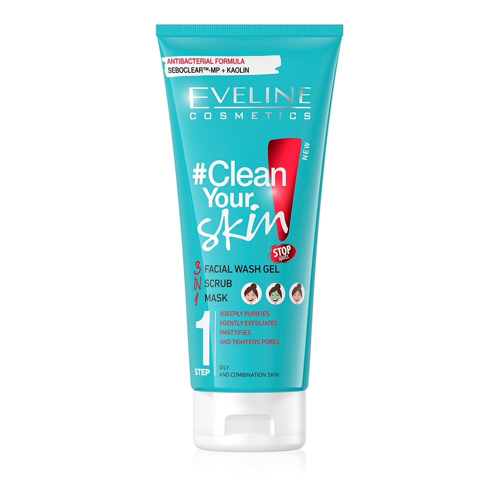 Gel de curatare faciala, scrub si masca 3 in 1, Eveline, Clean Your Skin, 200 ml