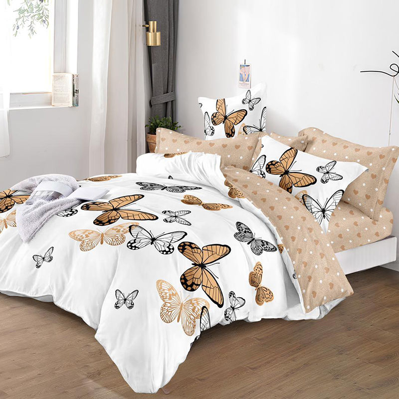 Set lenjerie pat 2 persoane,6 piese Fluturi, 200x230 Finet, bej negru alb