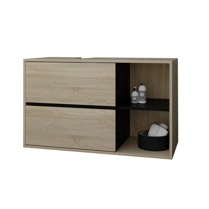 Dulap din PAL/MDF pentru lavoar, ML-Design, 100 x 60 x 45,5 cm, maro/negru, construcite robusta, ansamblare rapida, spatiu de depozitare generos
