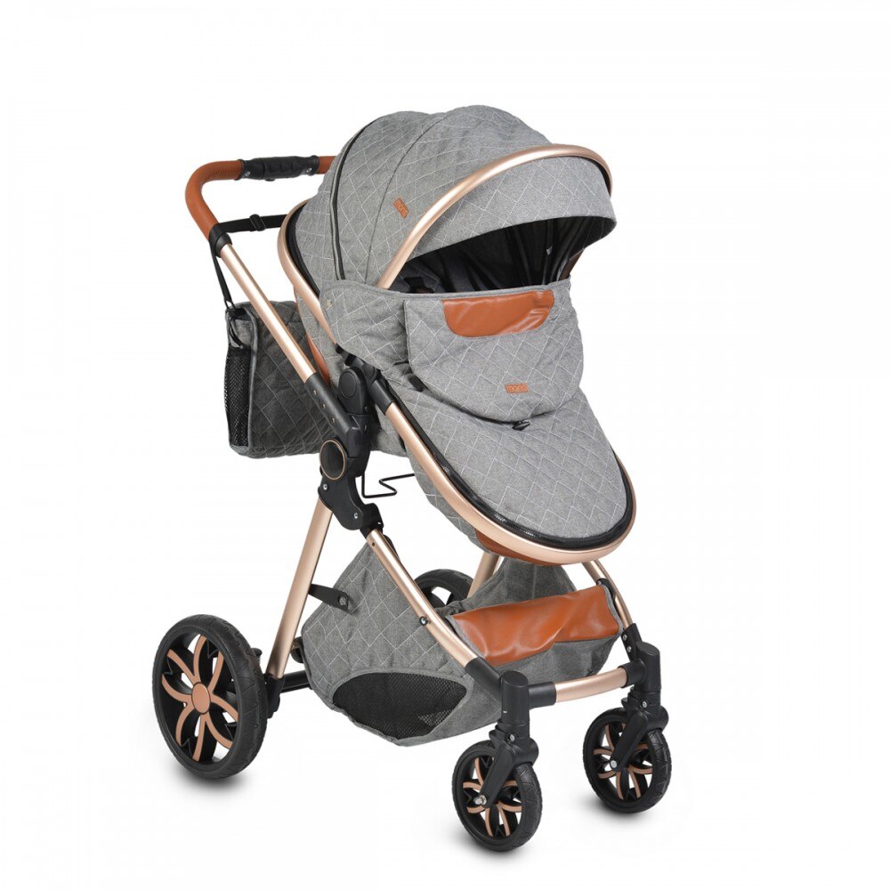 Carucior pentru copii Alma dark grey, scaun reglabil pe 3 pozitii, cadru din aluminiu cu suspensie, centura de siguranta, copertina cu vizor, geanta si spatiu de depozitare