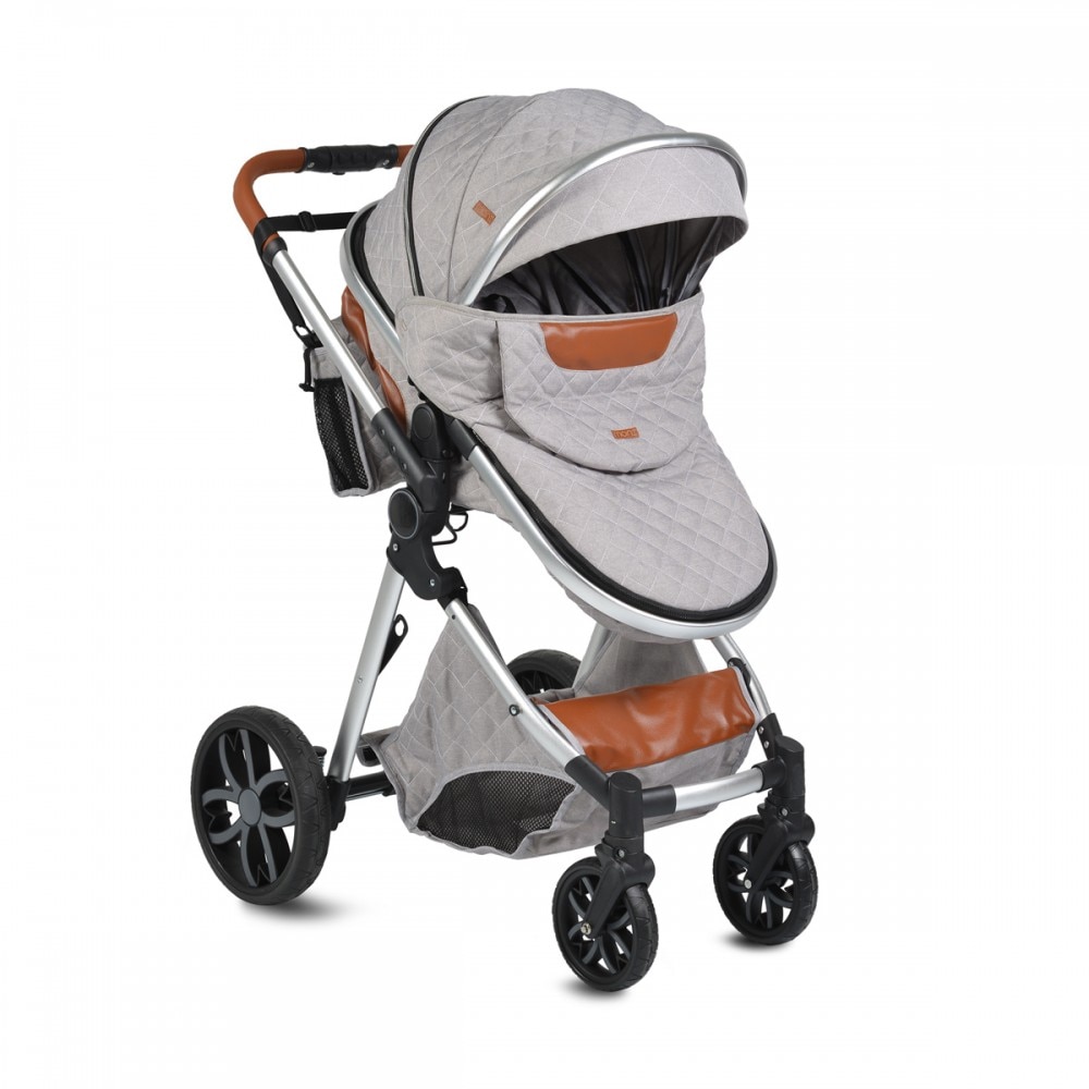 Carucior pentru copii Alma light grey, scaun reglabil pe 3 pozitii, cadru din aluminiu cu suspensie, centura de siguranta, copertina cu vizor, geanta si spatiu de depozitare