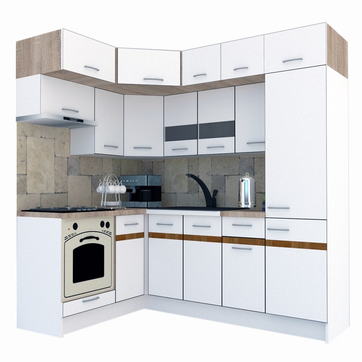 Set Bucatarie de Colt Genarom BIG GENA NEW DR. 160-230 x 225,5 x 60 cm, Cu Corp de Cuptor, Alb A