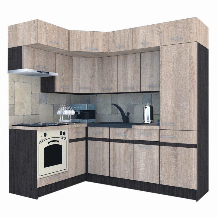 Set Bucatarie de Colt Genarom BIG GENA NEW DR. 160-230 x 225,5 x 60 cm, Cu Corp de Cuptor, Stejar Sonoma