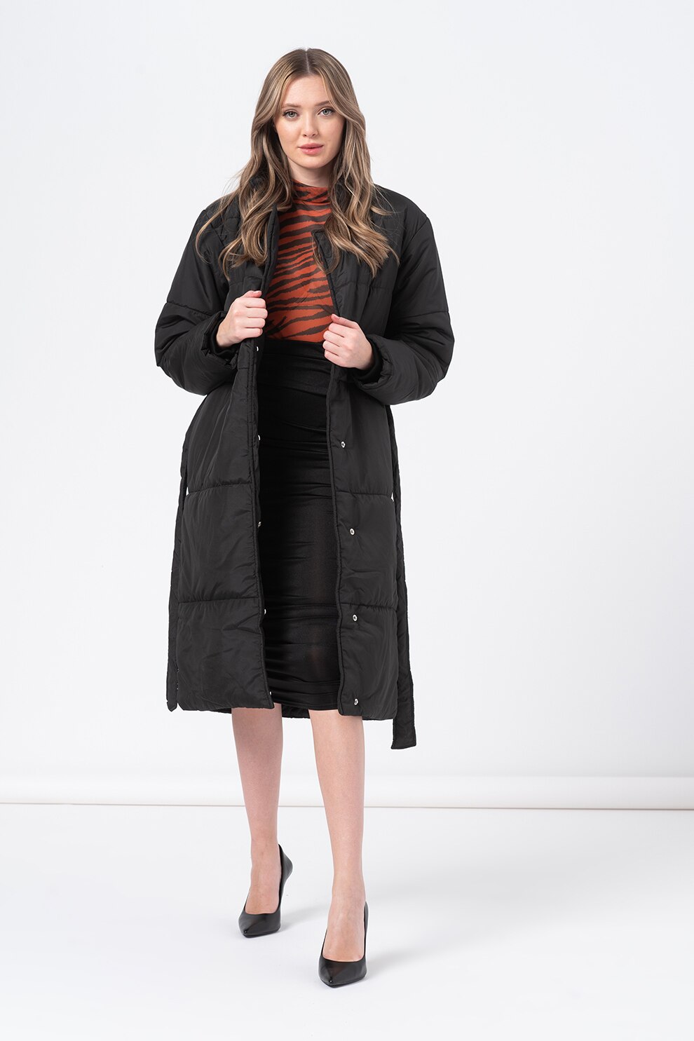 Missguided, Geaca lunga usoara cu cordon detasabil in talie, Negru