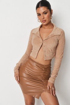 Missguided, Fusta mini de piele ecologica cu fronseu, Maro, XS Missguided, Fusta mini de piele ecologica cu fronseu, Maro, XS