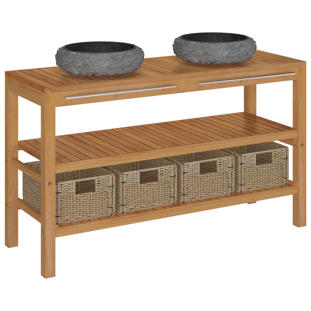 Set masuta de toaleta cu 2 chiuvete rotunde de marmura si 4 cosuri impletite, vidaXL, Lemn de tec, 74 x 45 x 132 cm, Maro/Negru