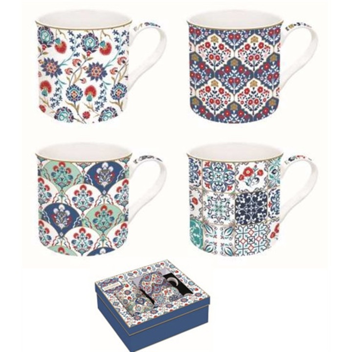 Set de 4 cani, Perfecto, Portelan, 300ml, in cutie cadou, Iznik, Atmosfera, Multicolor