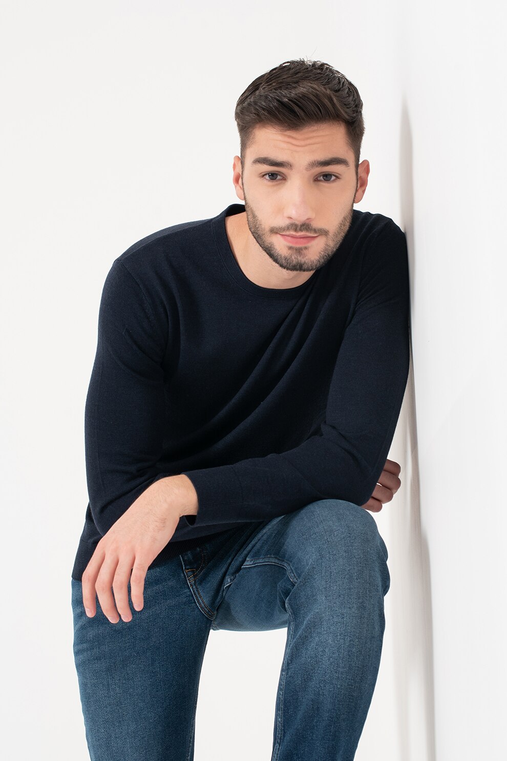 GAP, Pulover din lana cu decolteu la baza gatului, Bleumarin inchis