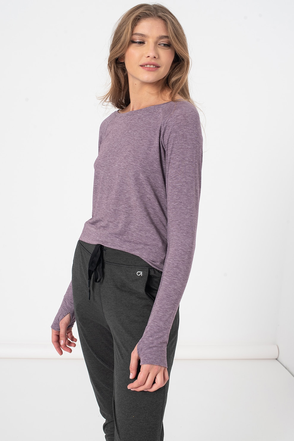 GAP, Bluza din amestec de lyocell cu slituri pentru degete, Lila prafuit