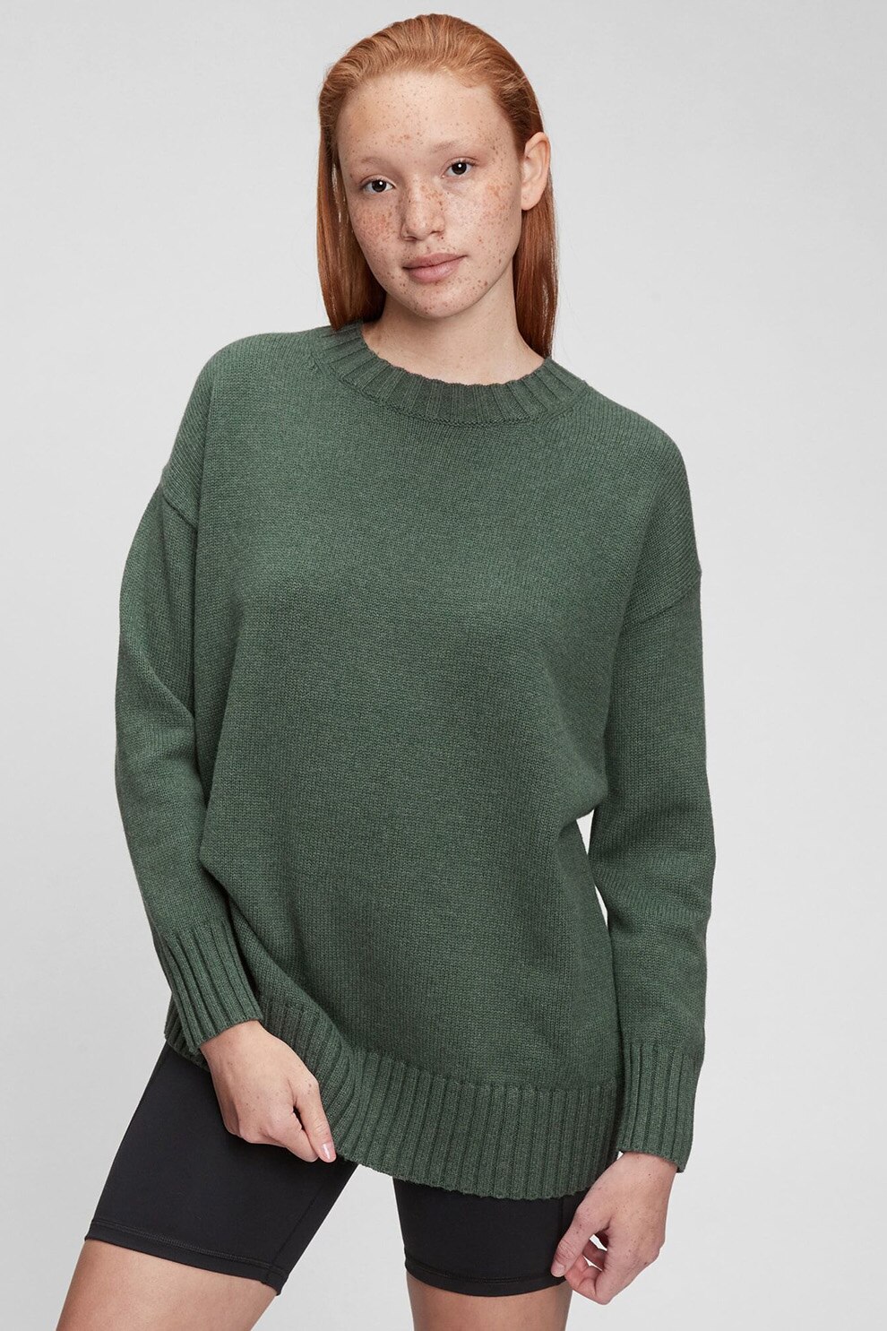 GAP, Pulover de bumbac cu decolteu la baza gatului, Verde feriga