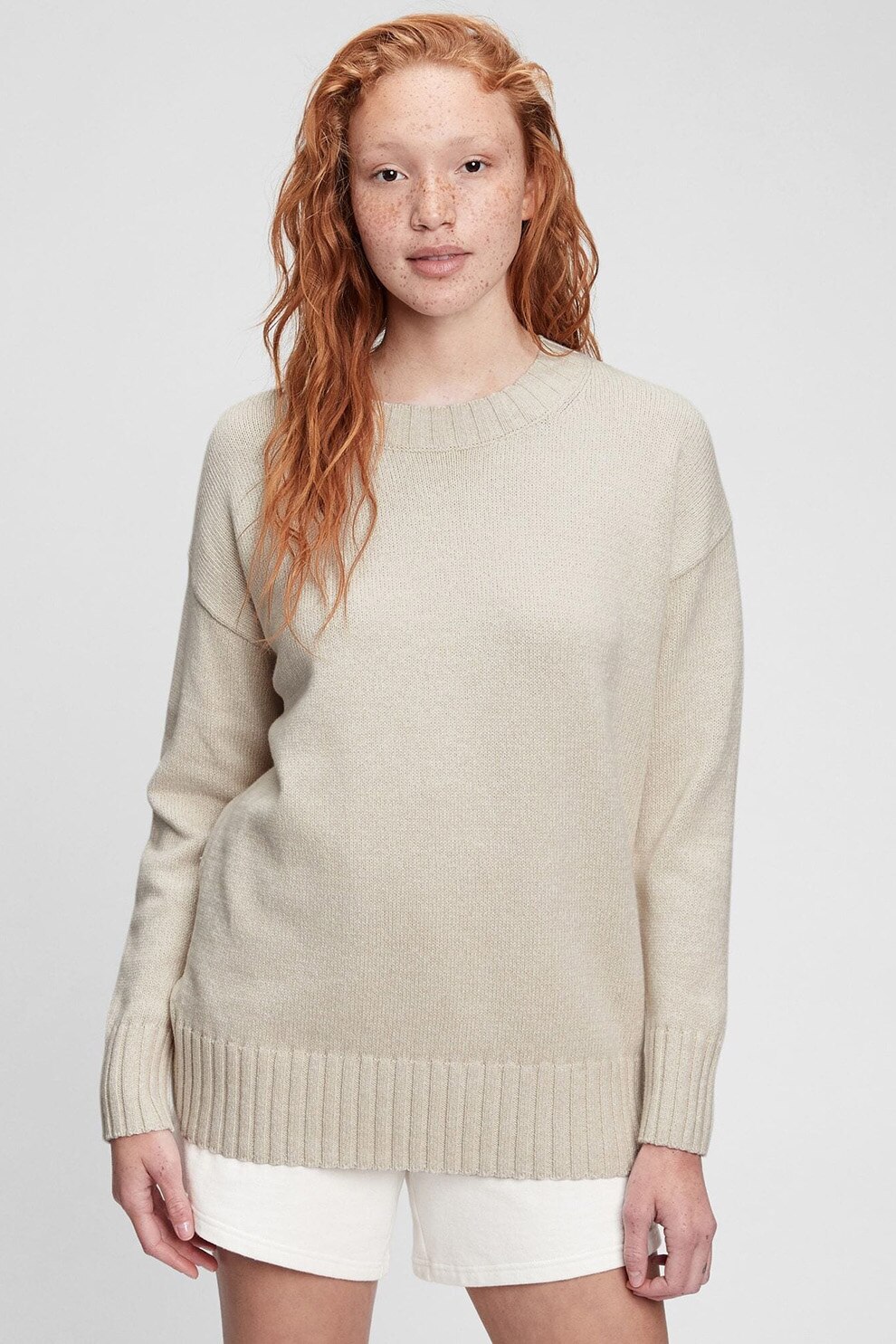 GAP, Pulover de bumbac cu decolteu la baza gatului, Maro nisip