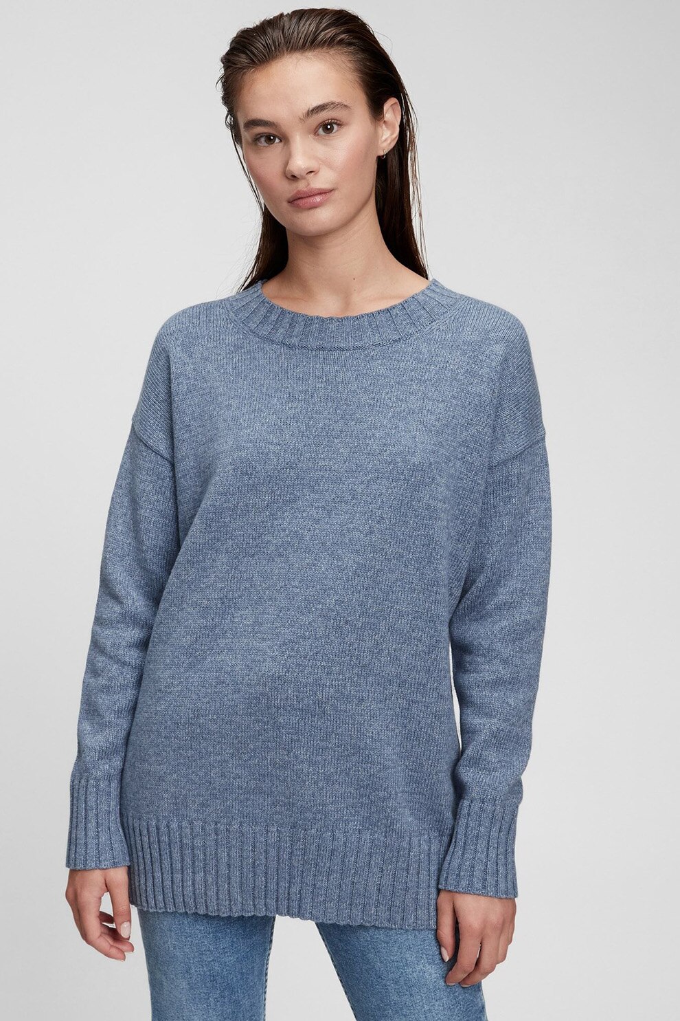 GAP, Pulover de bumbac cu decolteu la baza gatului, Albastru melange