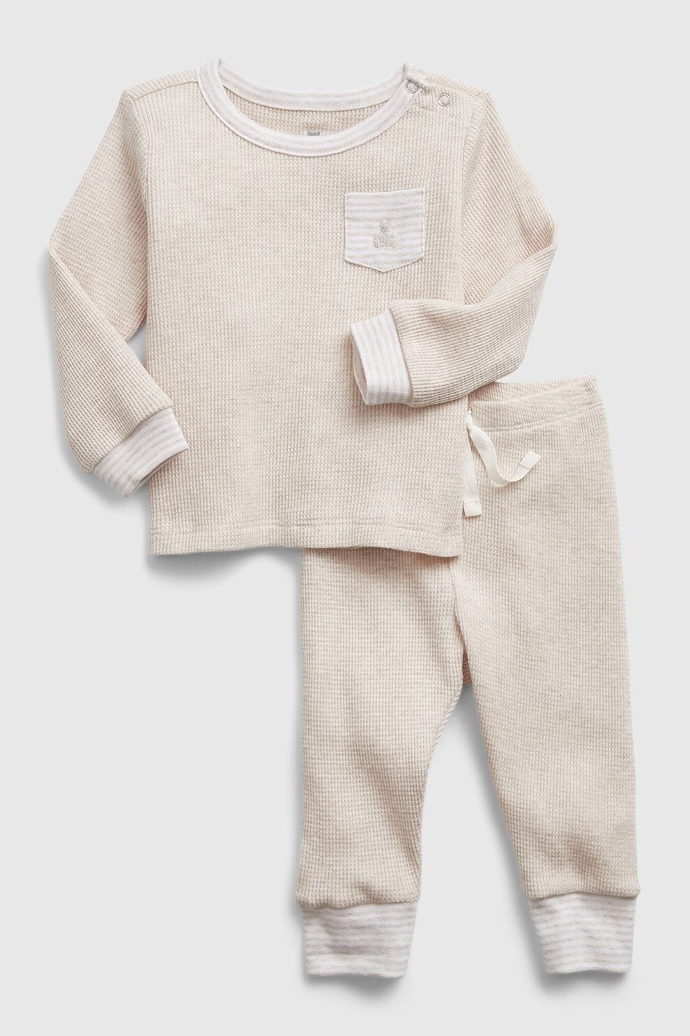 GAP, Set de bluza si pantaloni cu aspect texturat, Maro nisip/Alb prafuit