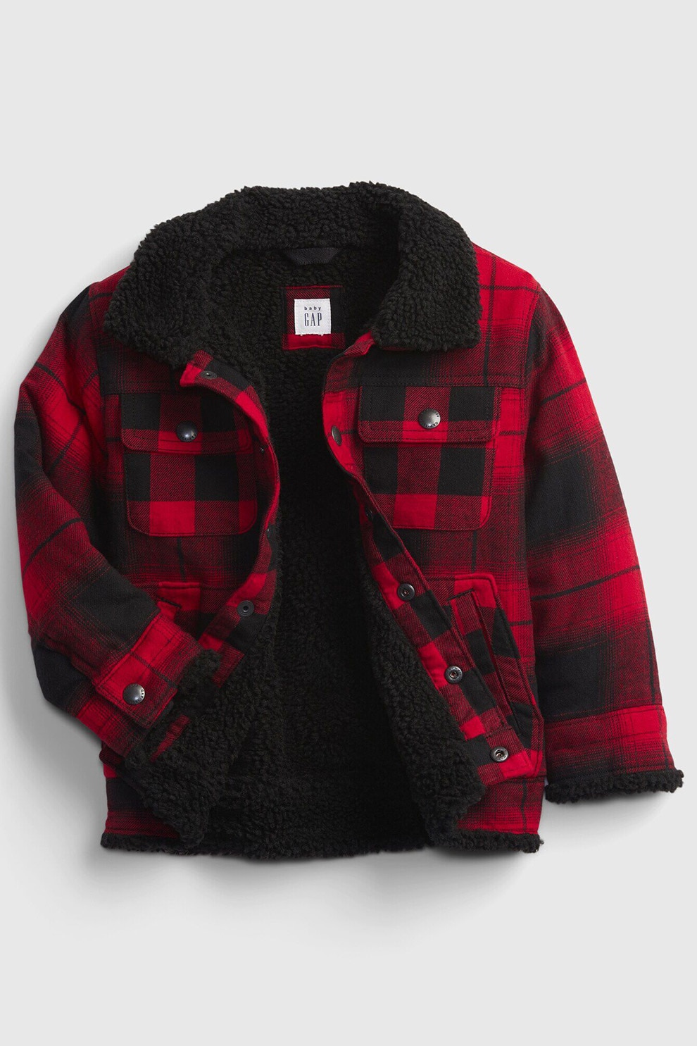 GAP, Jacheta de bumbac in carouri cu buzunare pe piept, Negru/Rosu