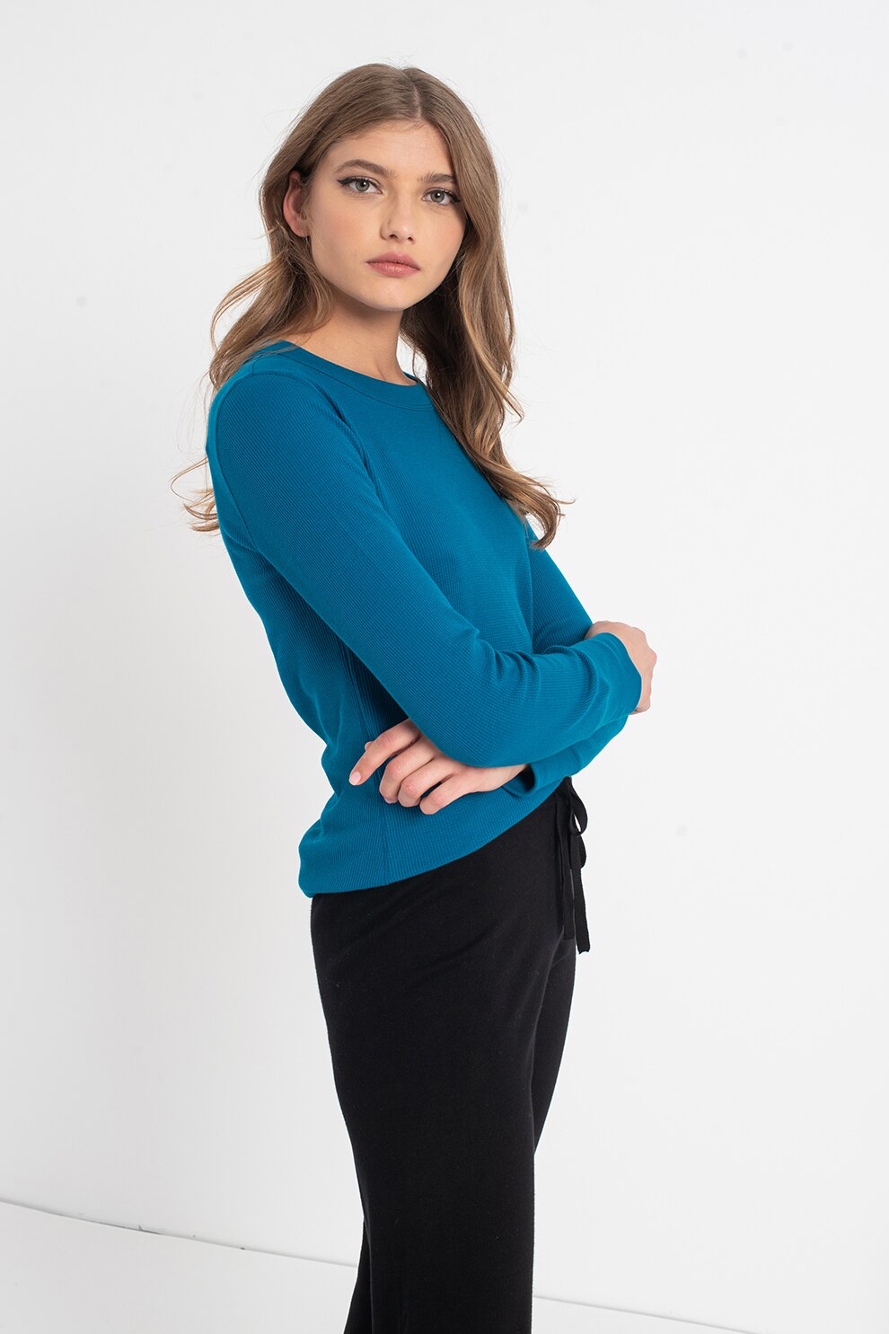 GAP, Pulover texturat cu decolteu rotund, Albastru petrol