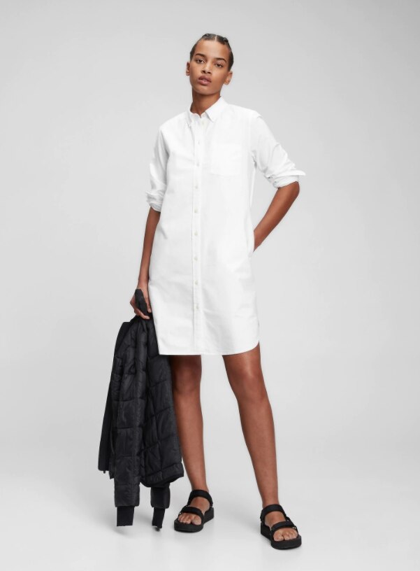 GAP, Rochie-camasa de bumbac cu guler fixat cu nasturi, Alb