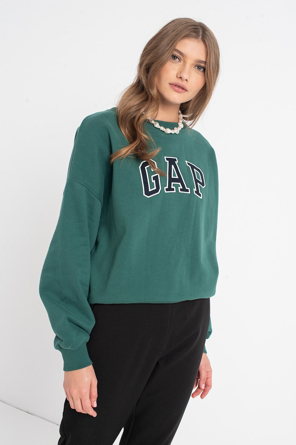 GAP, Bluza sport cu maneci cazute, Verde marin