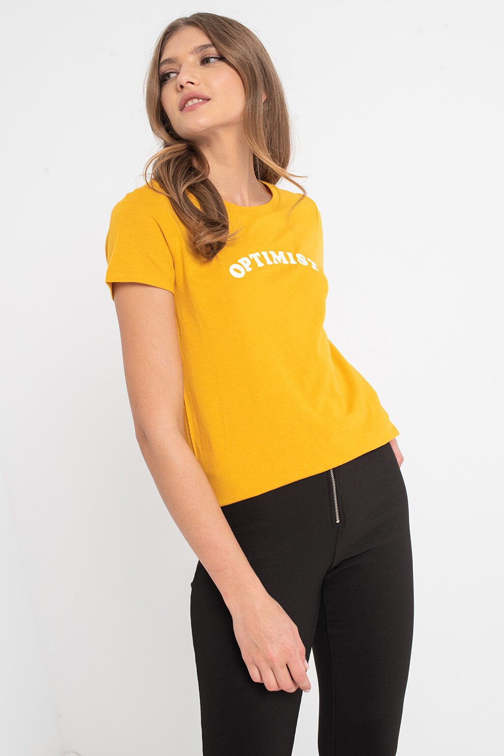 GAP, Tricou cu imprimeu si decolteu rotund, Galben sofran