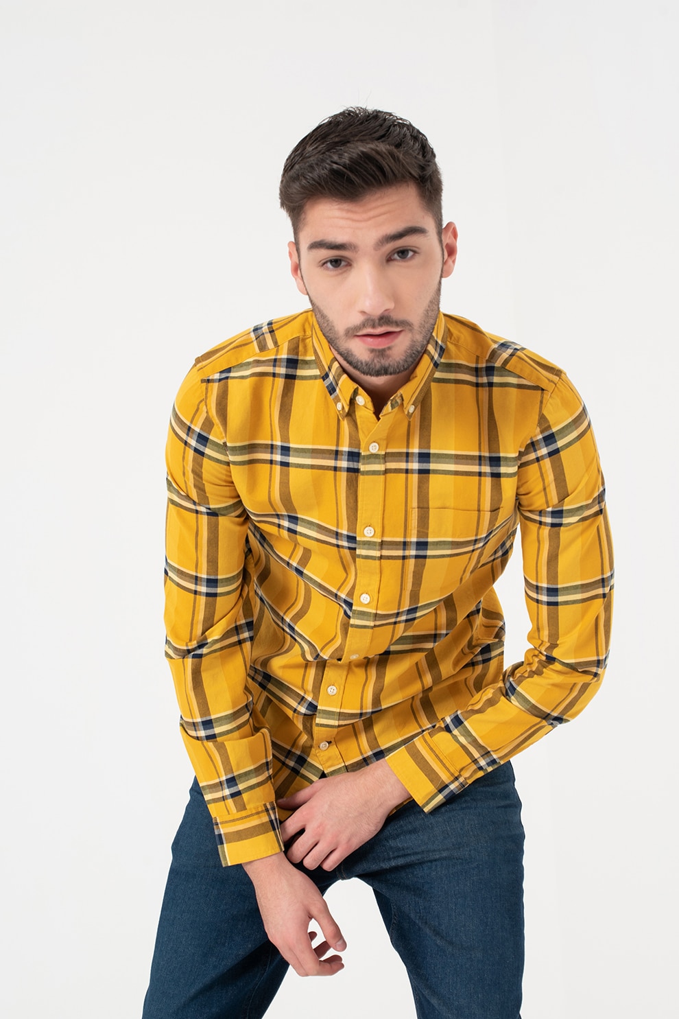 GAP, Camasa Oxford cu model in carouri, Galben sofran/Bleumarin inchis
