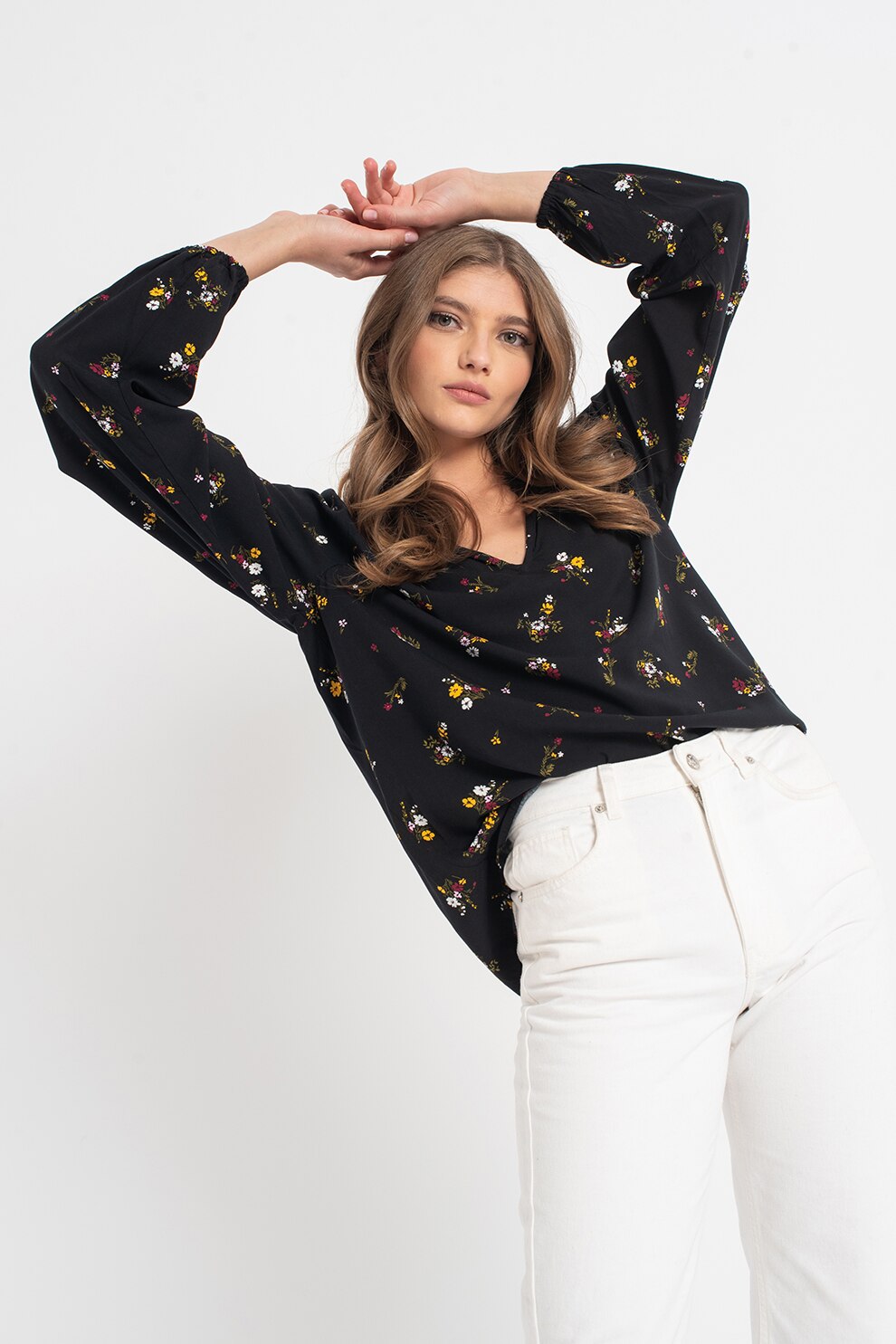 GAP, Bluza cu model floral, Negru/Galben/Alb