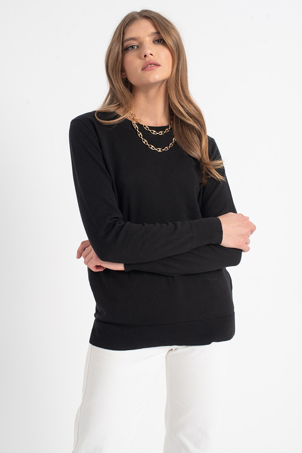 GAP, Pulover tricotat fin cu terminatii striate, Negru