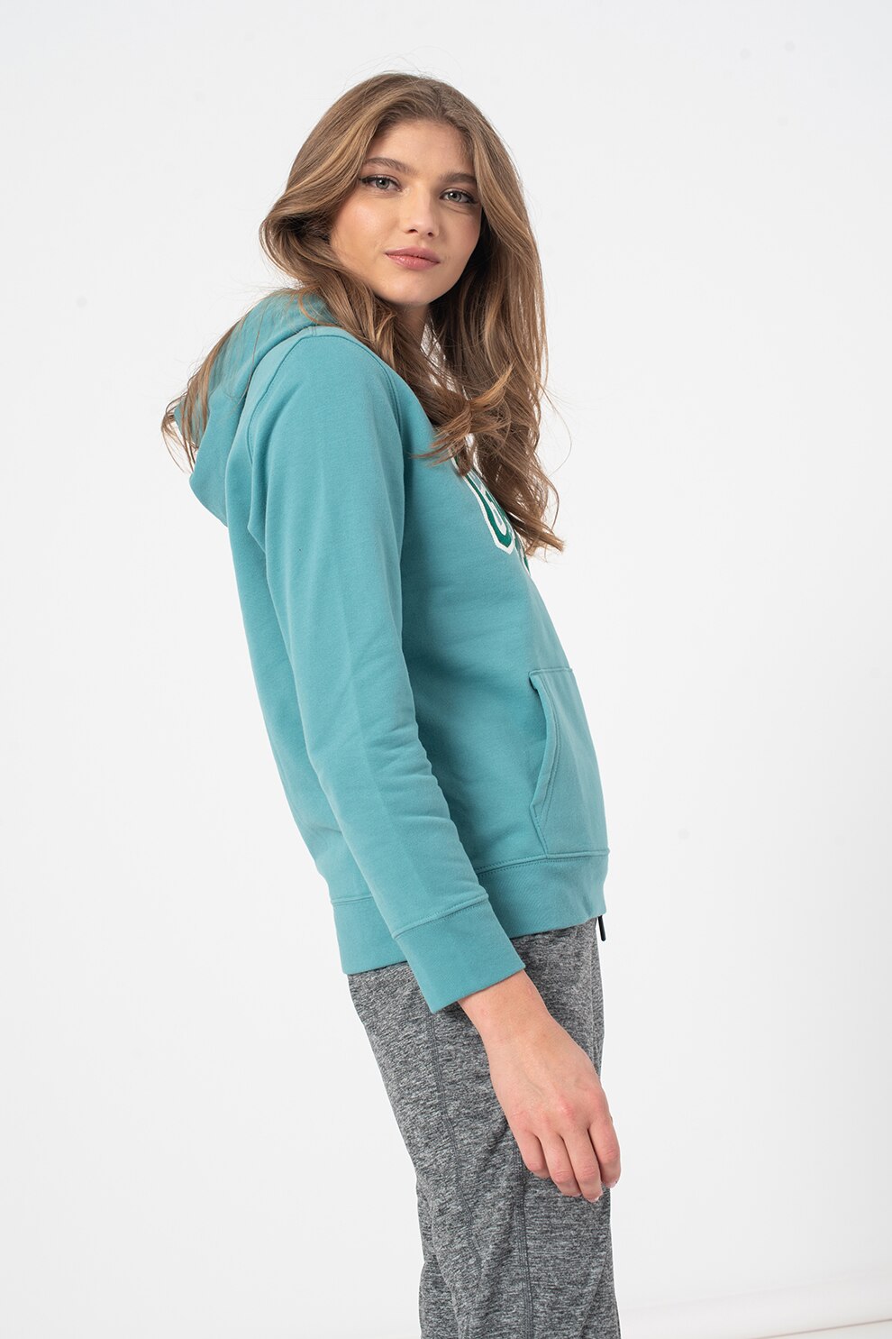 GAP, Hanorac cu logo brodat si buzunar kangaroo, Verde feriga